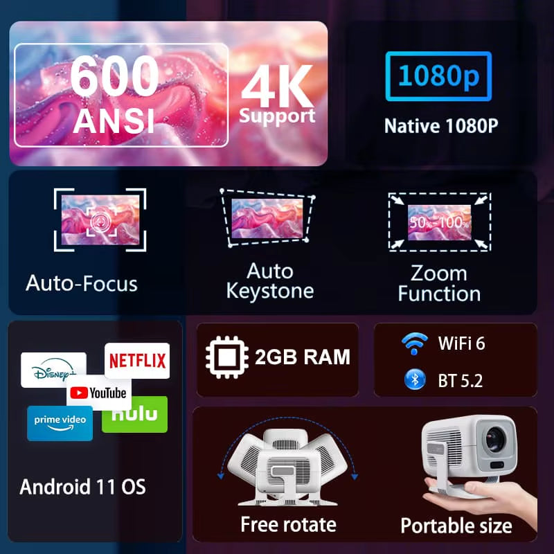 2026  X3Plus HD Projector 1080P Support 4K WIFI6 BT5.3 Android Projector Auto-Focus Auto-Keystone Home Theater Projector